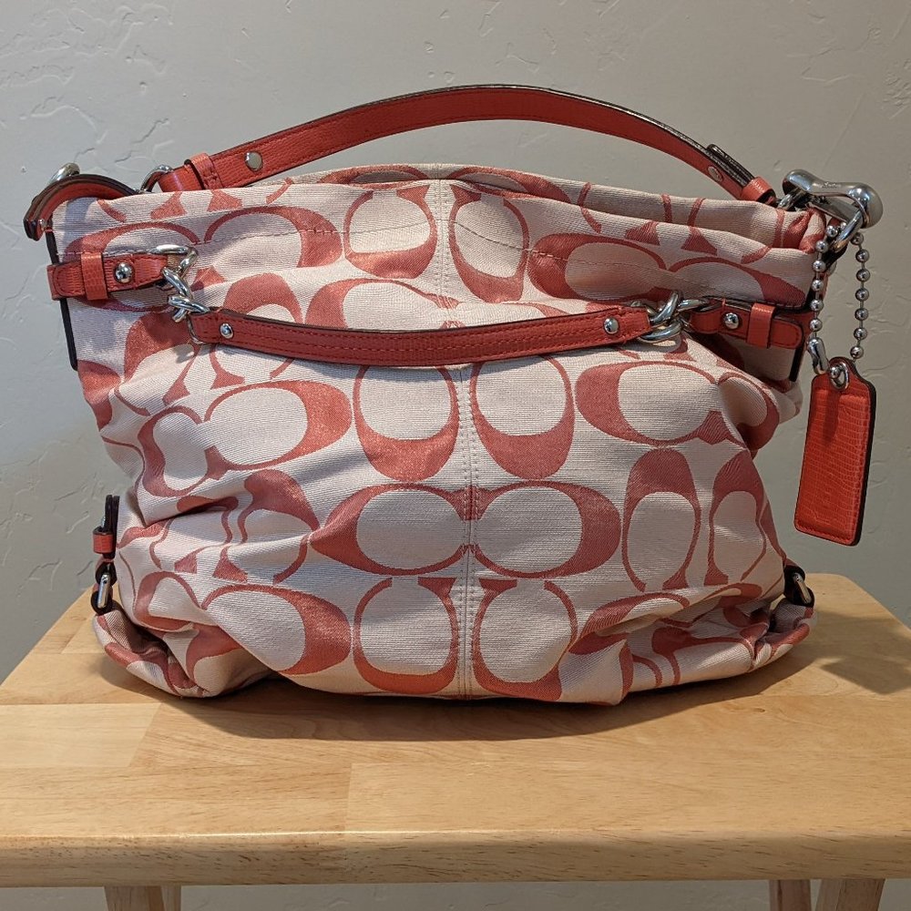 Coach Signature salmon metallic canvas shoulder bag